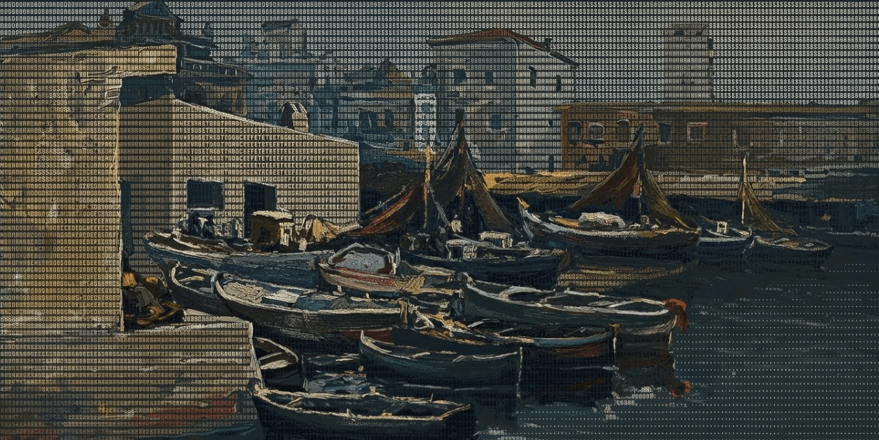 Harbor painting with ASCII text overlay — data obscured by noise, like benchmarks corrupted by cold cache